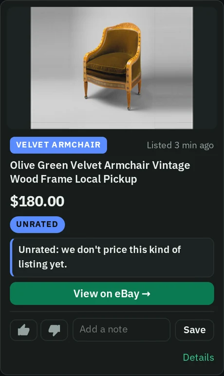 A feed card for an olive green velvet armchair for local pickup, $180, listed 3 minutes ago, marked Unrated. Sample data.