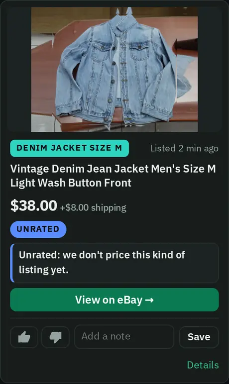 A feed card for a vintage light wash denim jean jacket in men’s size M, laid flat, $38 plus shipping, listed 2 minutes ago, marked Unrated. Sample data.
