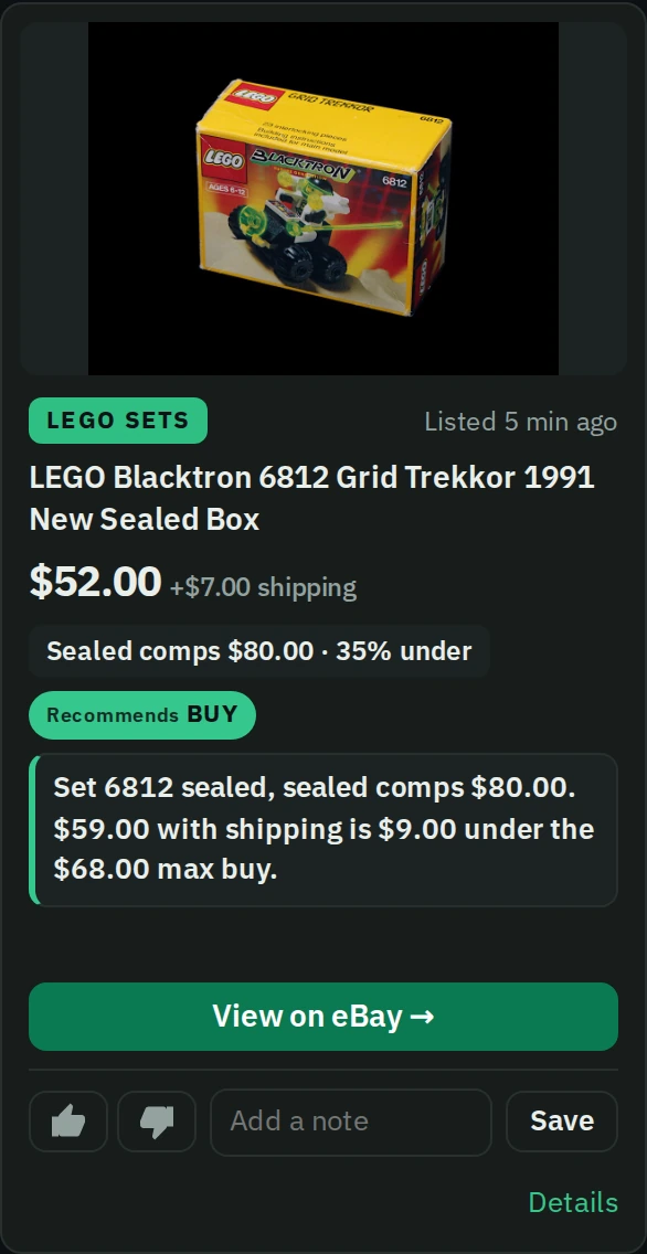 One feed card lifted out of the feed: a vintage LEGO Space set still sealed in its box, with its photo, price, value from sealed sales of the same set and a verdict of Buy. Sample data.