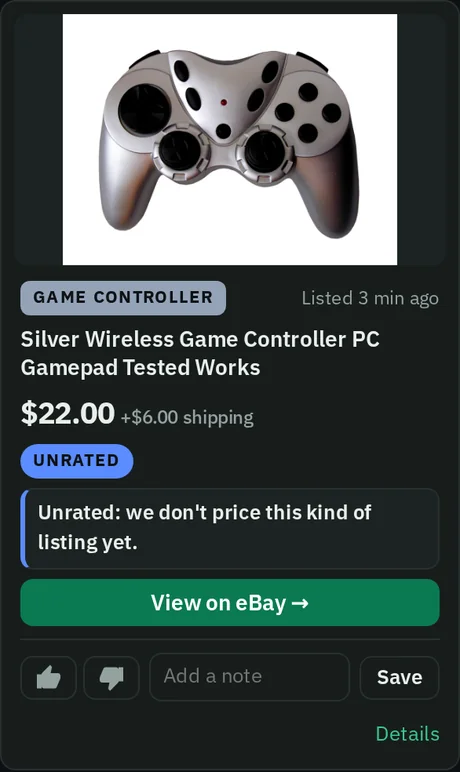 A feed card for a silver wireless game controller, tested and working, $22 plus shipping, listed 3 minutes ago, marked Unrated. Sample data.