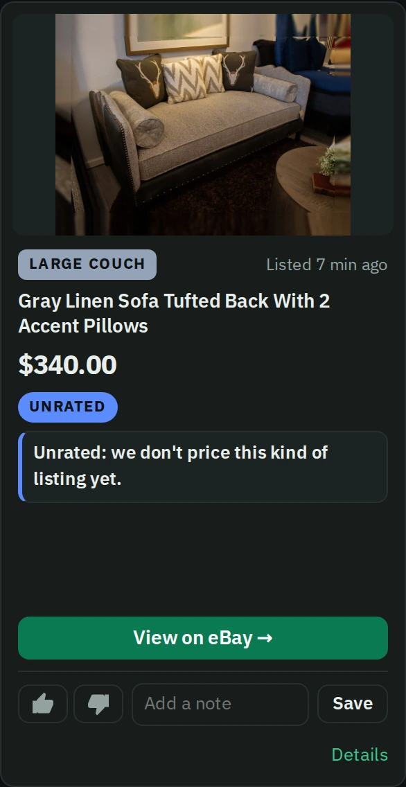 A feed card for a gray linen sofa: its photo, price, seller and a line saying it is unrated. Sample data.