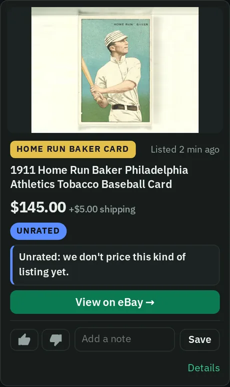 A feed card for a 1911 Home Run Baker tobacco baseball card, $145 plus shipping, listed 2 minutes ago, marked Unrated. Sample data.