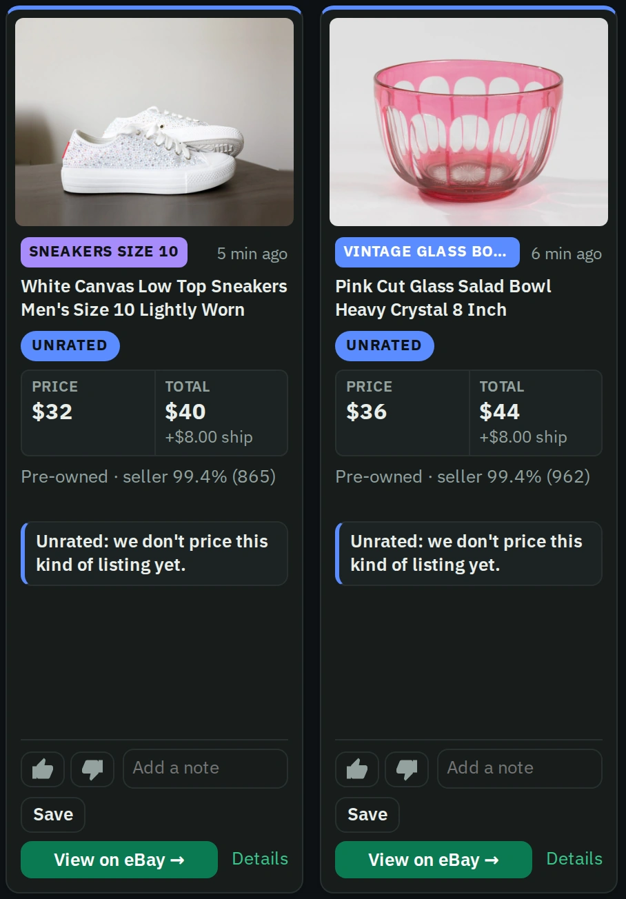 Two new-listing cards in the app’s feed, white canvas sneakers and a pink cut glass bowl, each with its photo, the search it came from, title, price, shipping, seller and the reason it is Unrated. Sample data.
