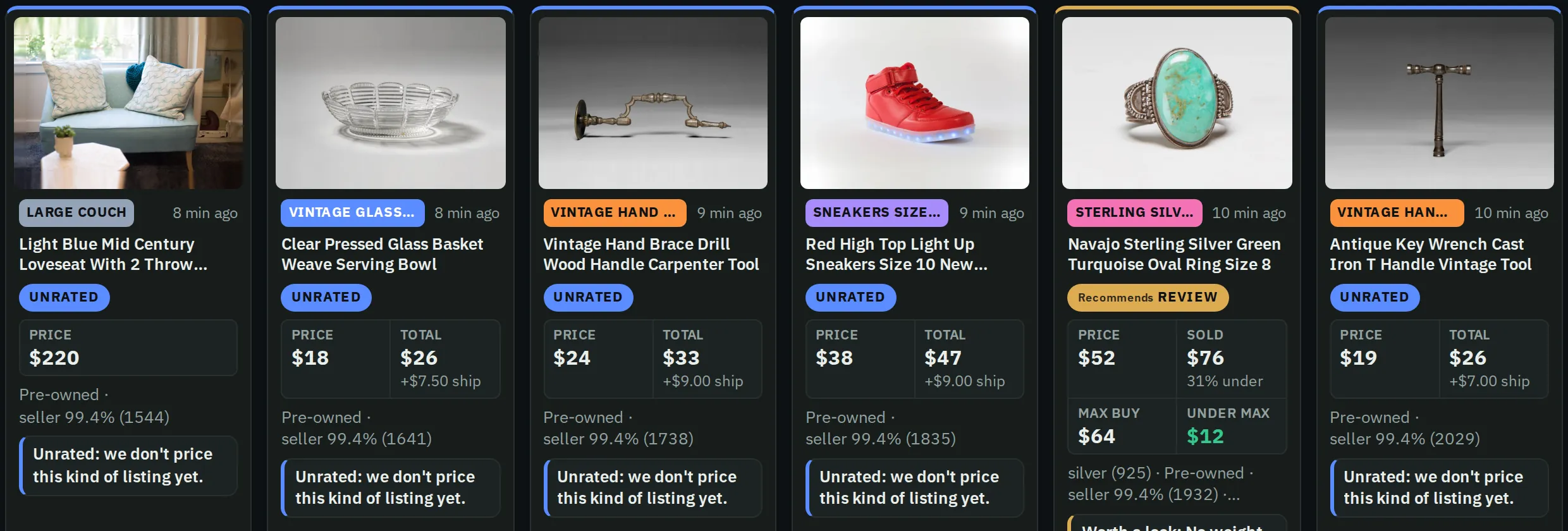 A row of new-listing cards in the app’s feed, one per search: a light blue loveseat, a pressed glass bowl, a vintage hand brace drill, red high top sneakers, a Navajo turquoise ring and an antique key wrench. Sample data.