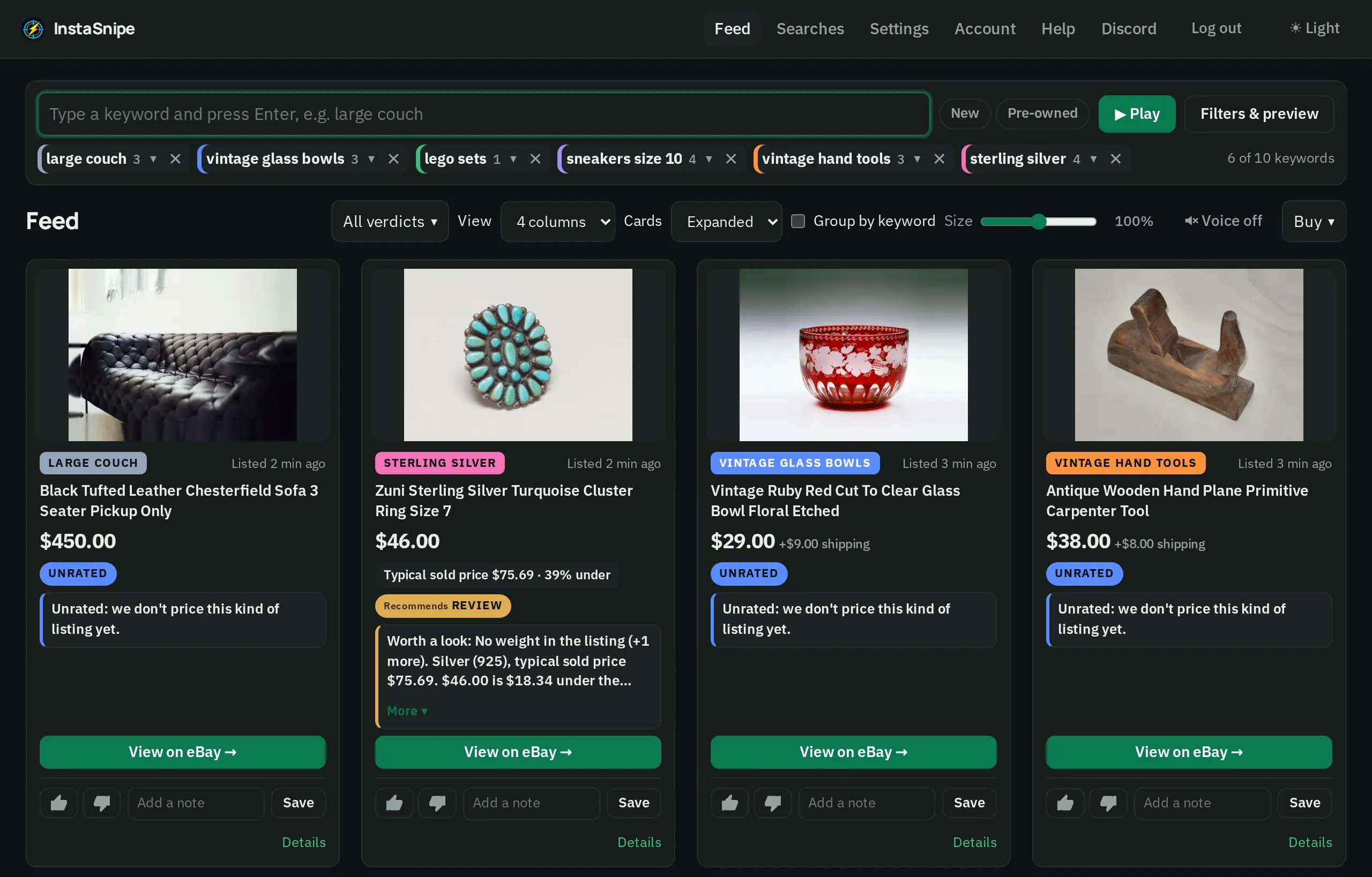 The InstaSnipe feed: six saved searches as chips under the search bar, and new listings as cards with a photo and price each: a leather sofa marked Unrated, a sterling turquoise ring marked Review, a ruby glass bowl and an antique hand plane. Sample data.