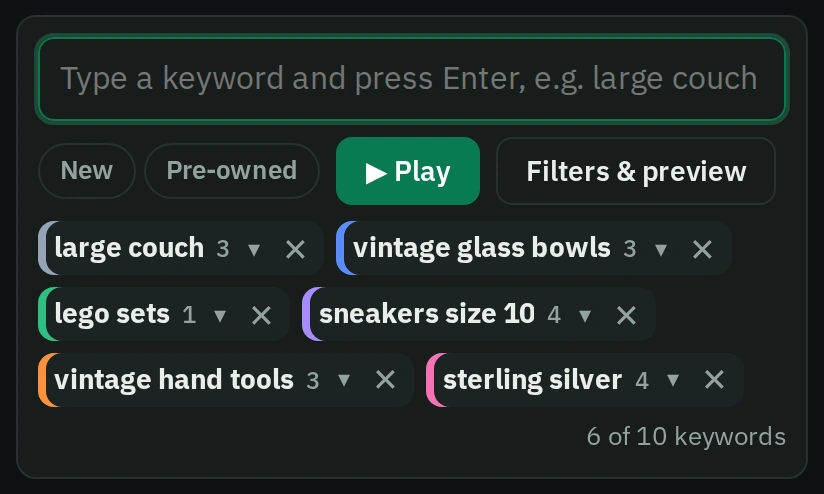 The app’s search bar, its placeholder reading “e.g. large couch”, with six saved searches as coloured chips: large couch, vintage glass bowls, lego sets, sneakers size 10, vintage hand tools and sterling silver. Sample data.